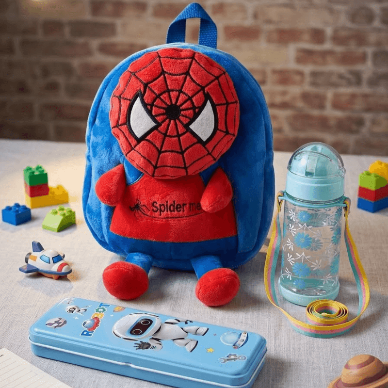 Cute Red & Sky spider man Backpack, Pencil Box & Water Bottle Combo Set