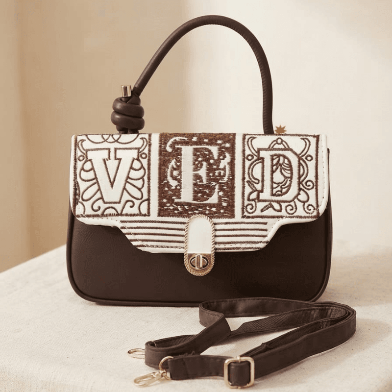 "VED" Embroidered Mini Classic Handbag (Brown)