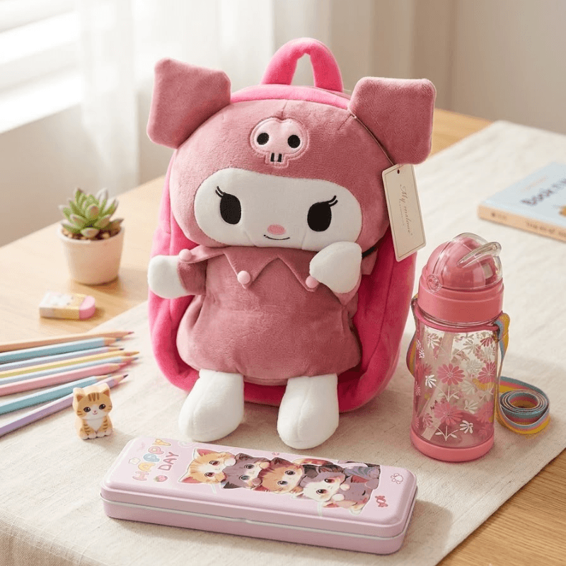 Cute Pink & Red kuromi Cartoon Backpack, Pencil Box & Water Bottle Combo Set