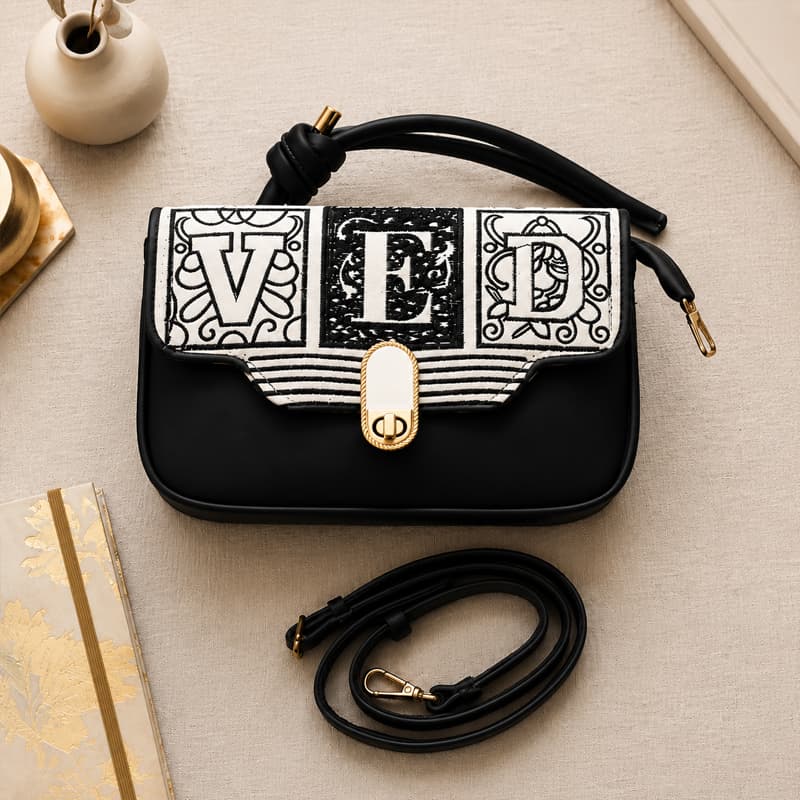"VED" Embroidered Mini Classic Handbag - (Black)
