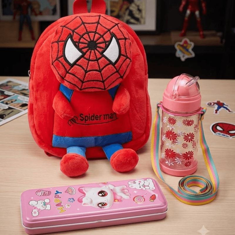Cute Red spider man Backpack, Pencil Box & Water Bottle Combo Set