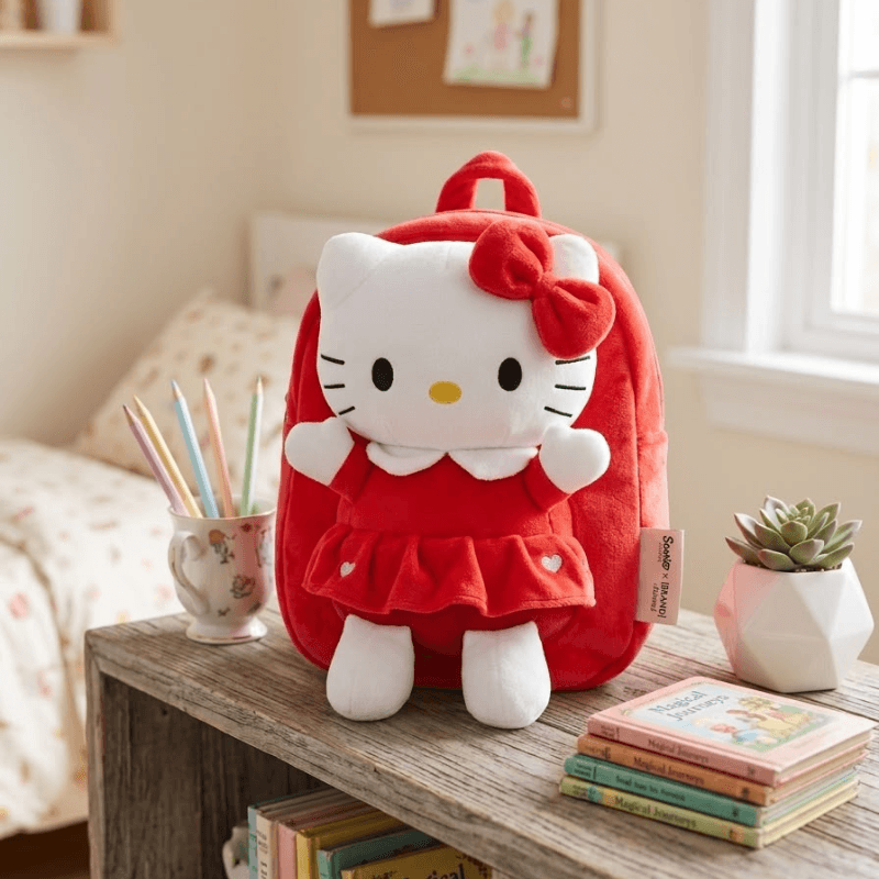 Cute Hello Kitty Plush Kids Backpack- Red