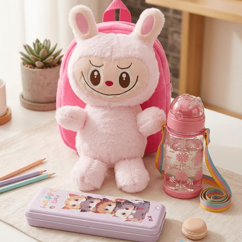 Cute white & pink kuromi Cartoon Backpack, Pencil Box & Water Bottle Combo Set