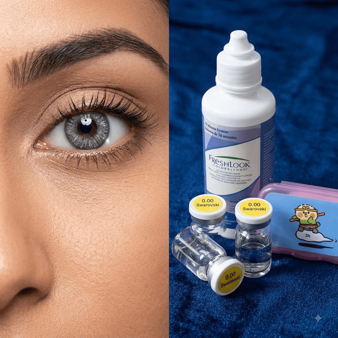 Bella Swarovski Grey Color Contact Lenses (0.00 Plano) with Lens Care Kit