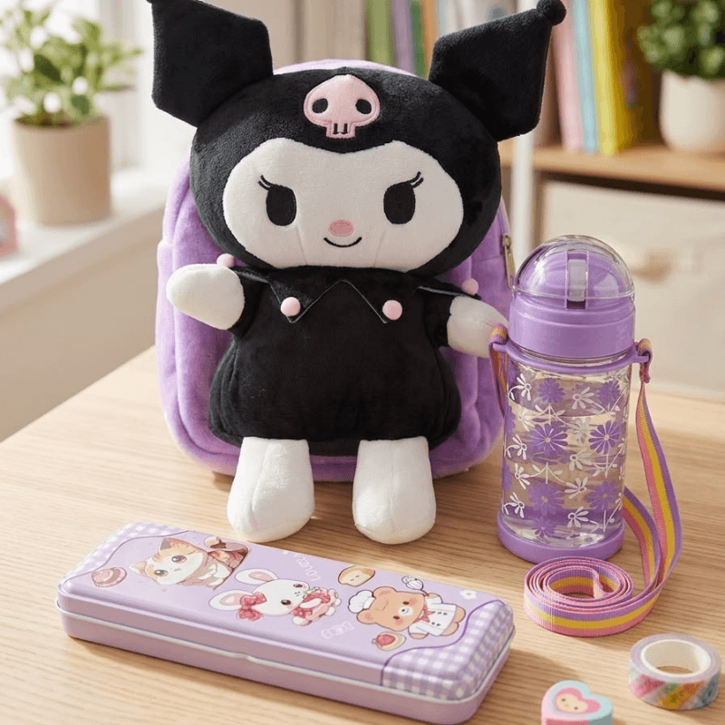Cute black & purple kuromi Cartoon Backpack, Pencil Box & Water Bottle Combo Set
