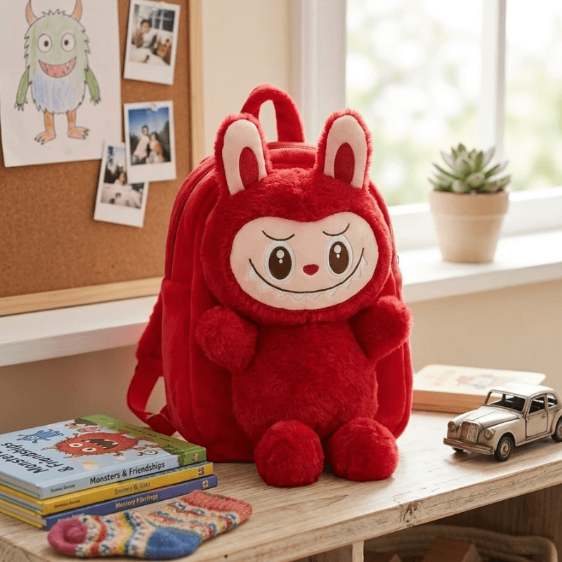 Cute Labubu Plush Kids Backpack - Red