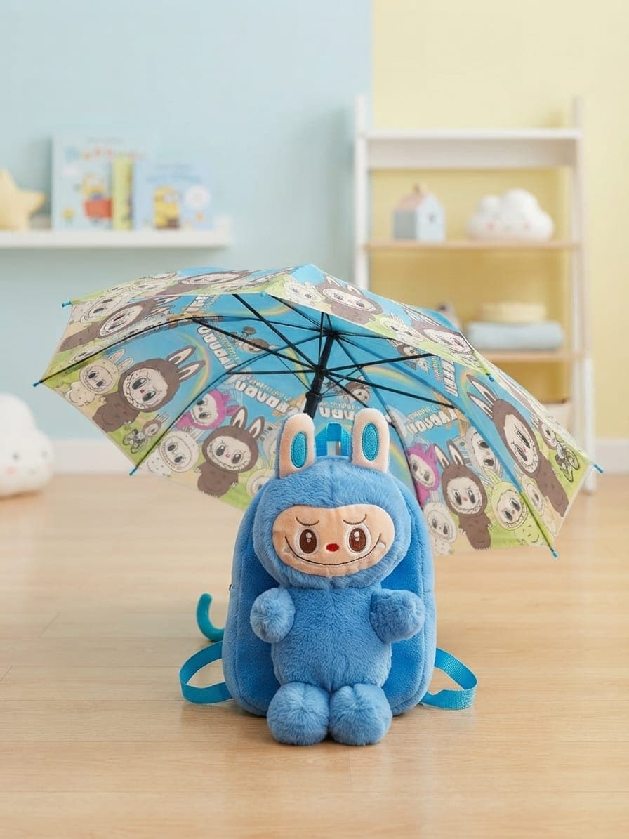 Kids Plush Cartoon Monster Backpack & Printed Umbrella Combo (Blue)