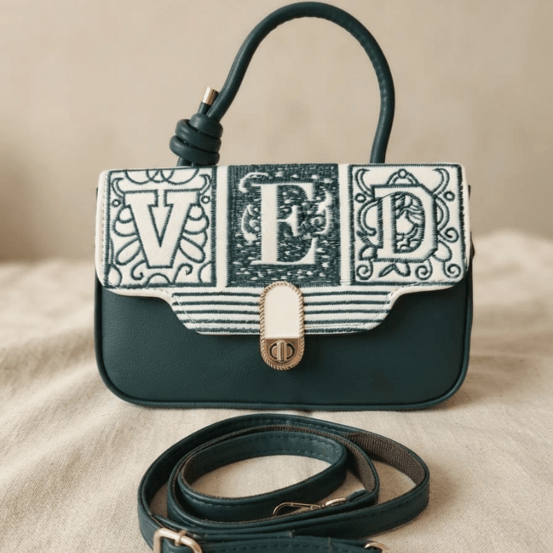 "VED" Embroidered Mini Classic Handbag (Green)