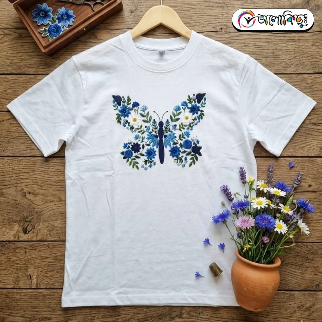 Butterfly Floral Embroidery Drop Shoulder
