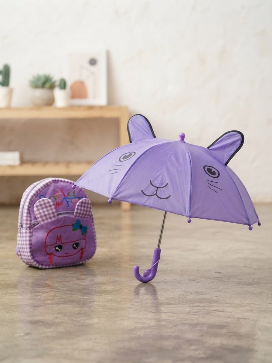 Kids Cute Cat Theme Backpack & Umbrella Combo (Purple)