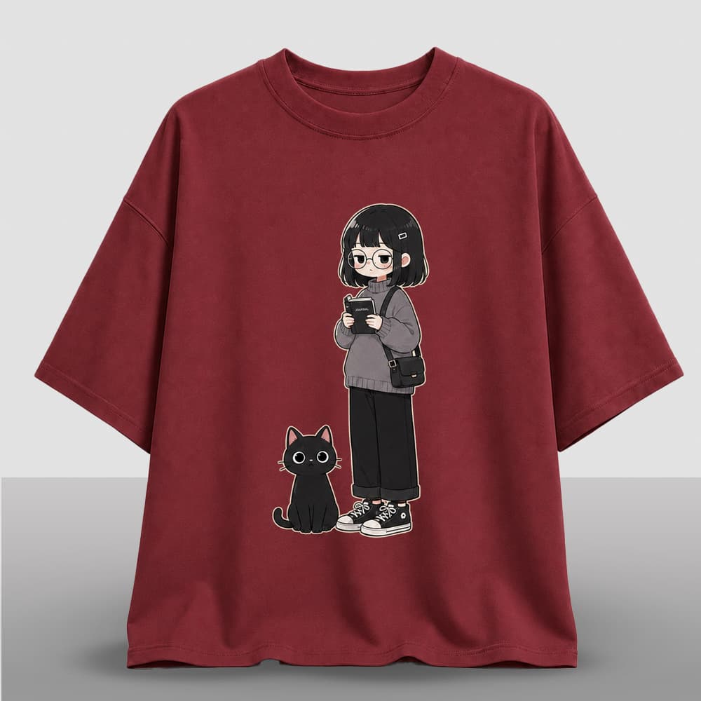 "Journal & Cat" Aesthetic Drop Shoulder T-Shirt