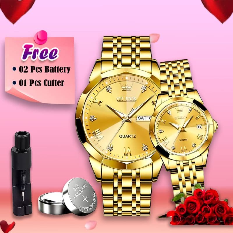 Butter  Fly Lock Olievs  Stainless Steel fashionable  Couple watches +1pcs chain cutter+ 2 pcs battery  Golden
