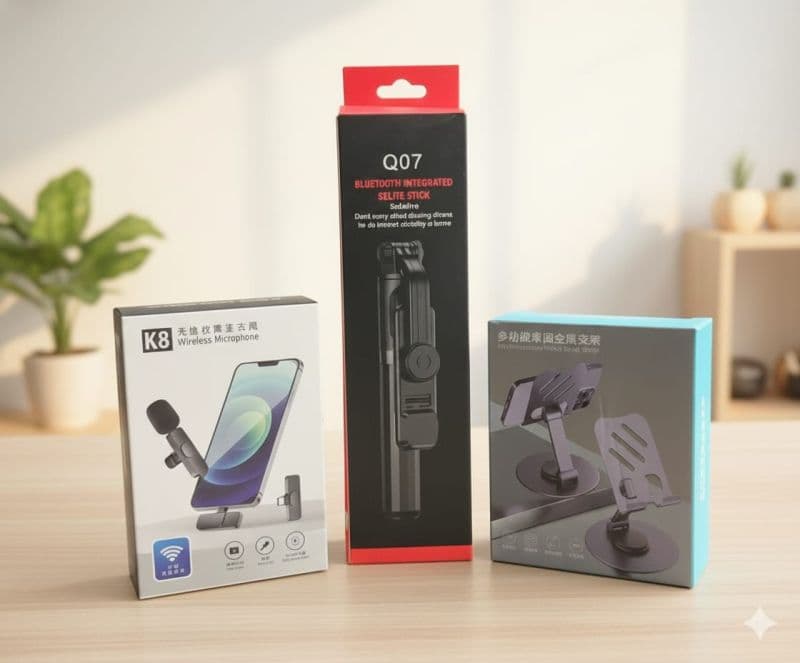 Smart Vlogger's Combo: K8 Wireless Microphone, Q07 Bluetooth Selfie Stick & 360° Rotating Phone Stand
