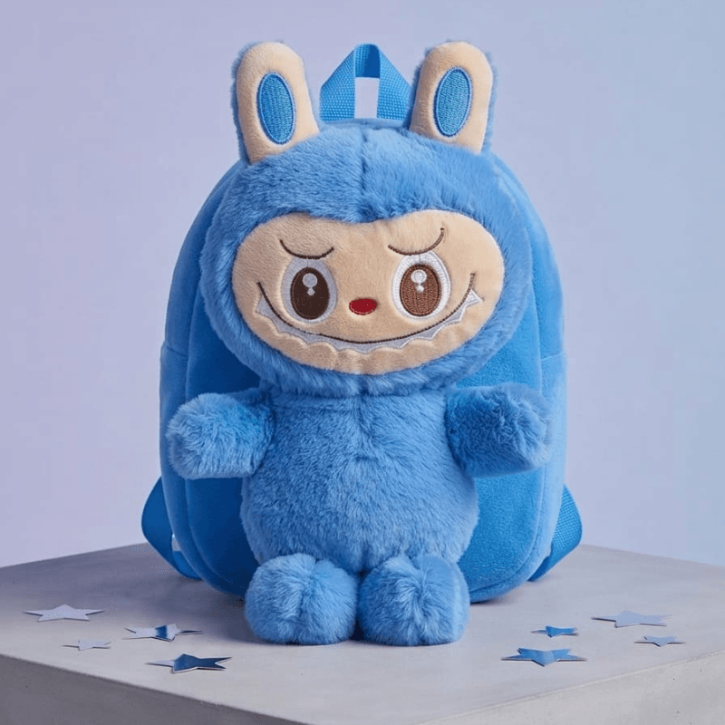 3D Cute Blue Labubu Plush Toy Backpack for Kids – Blue