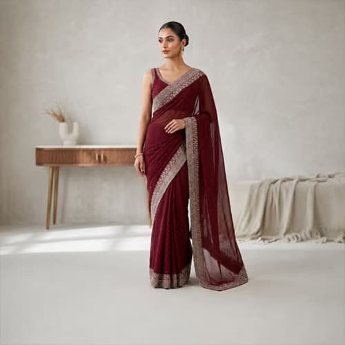 Glamorous Wine Red Stone Embedded Border Designer Saree