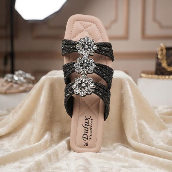 Black Floral Crystal Flats
