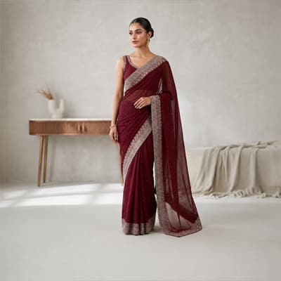 Glamorous Wine Red Stone Embedded Border Designer Saree