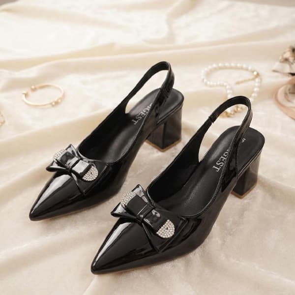 Crystal Bow Block Heels (Black)