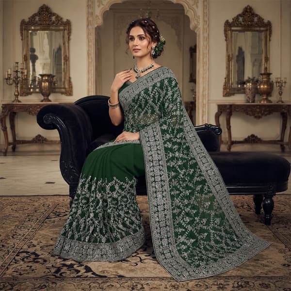 Heavy Zari Embroidery Work Party Wear Saree