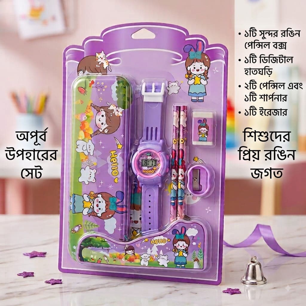 Kids Cute Cartoon Stationery & Digital Watch Combo Set