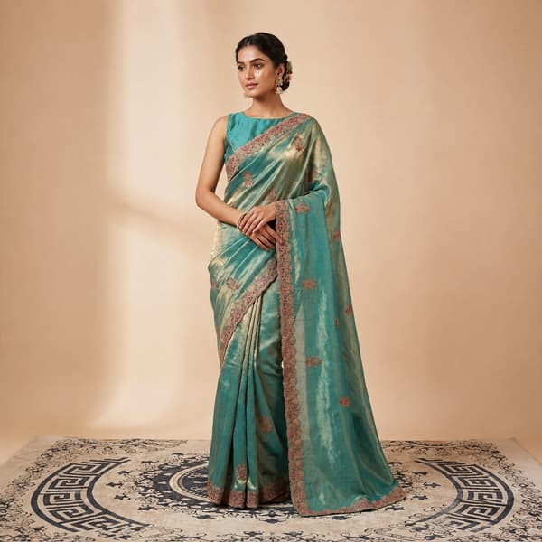 Golden Glaze Sea Green Party Saree