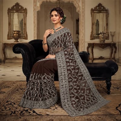 Heavy Embroidered Party Wear Saree(Coffee Brown)
