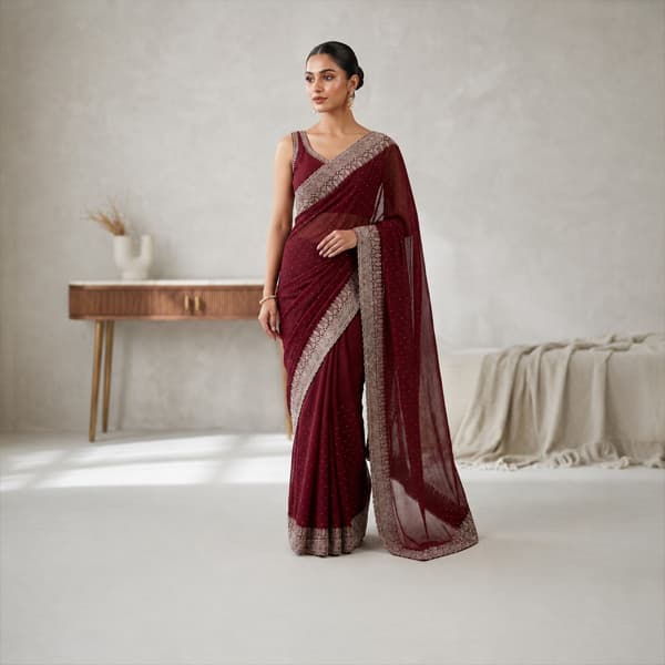 Glamorous Wine Red Stone Embedded Border Designer Saree