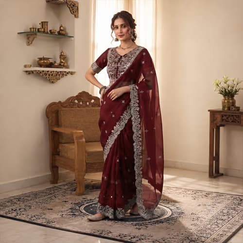 Stone Cutwork Embroidery Saree