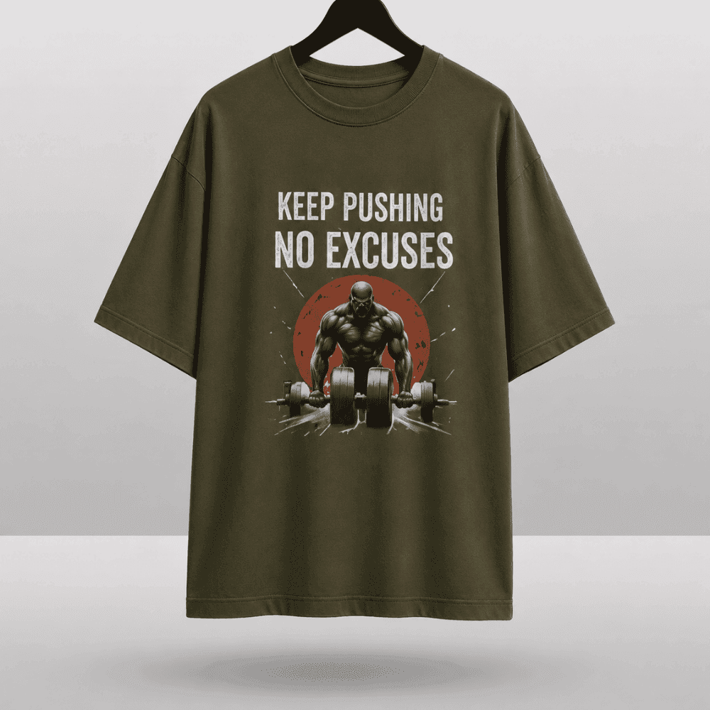 "Keep Pushing, No Excuses" Gym Graphic Drop Shoulder T-Shirt
