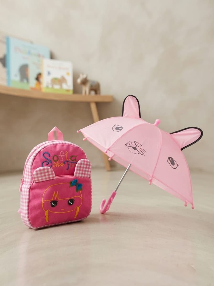 Kids Cute Cat Theme Backpack & Umbrella Combo (Pink)