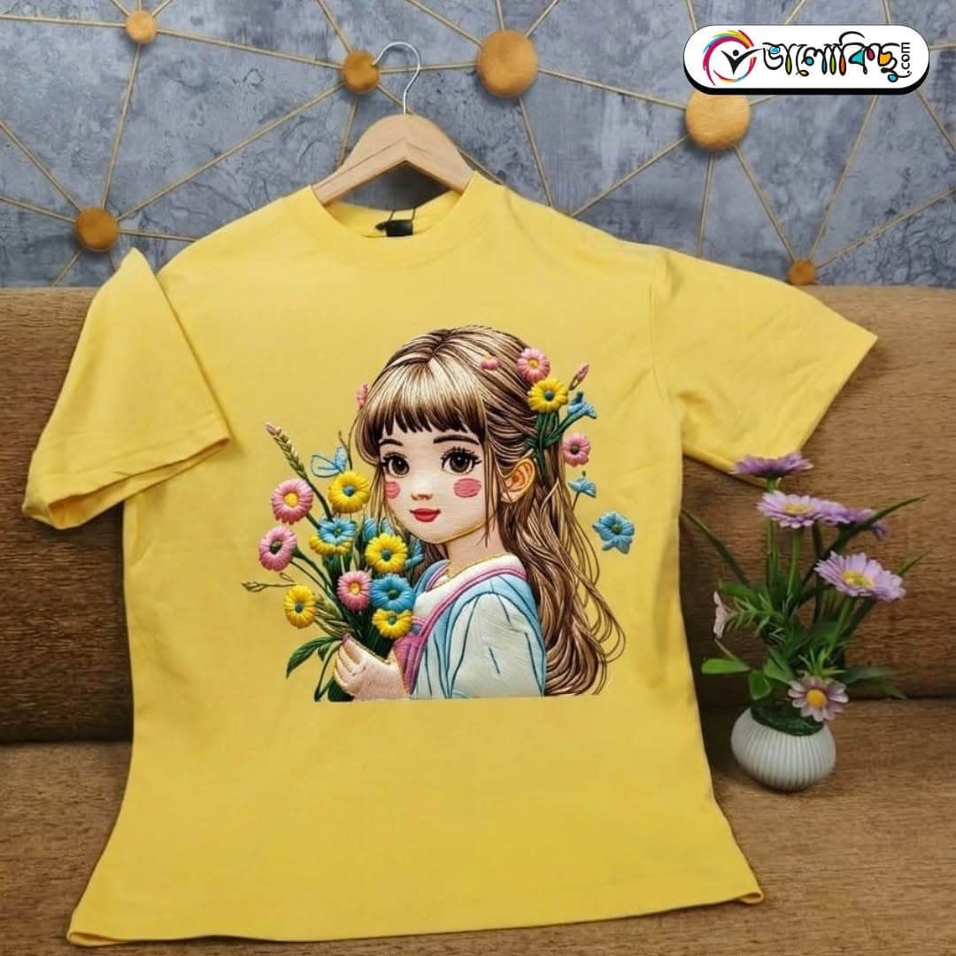 Girl with Flowers Print Drop Shoulder