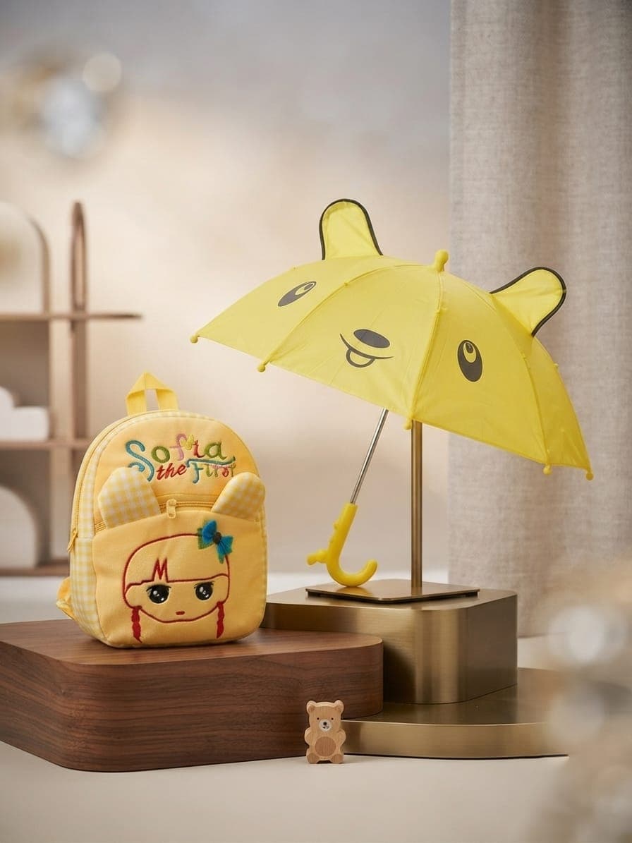 Kids Cute Cat Theme Backpack & Umbrella Combo (Yellow)