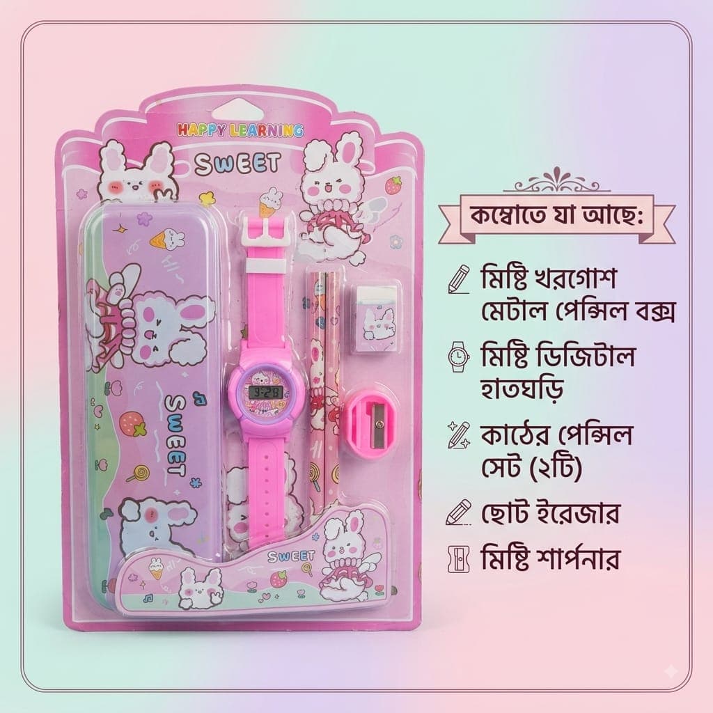 Kids Cute Cartoon Stationery & Digital Watch Combo Set