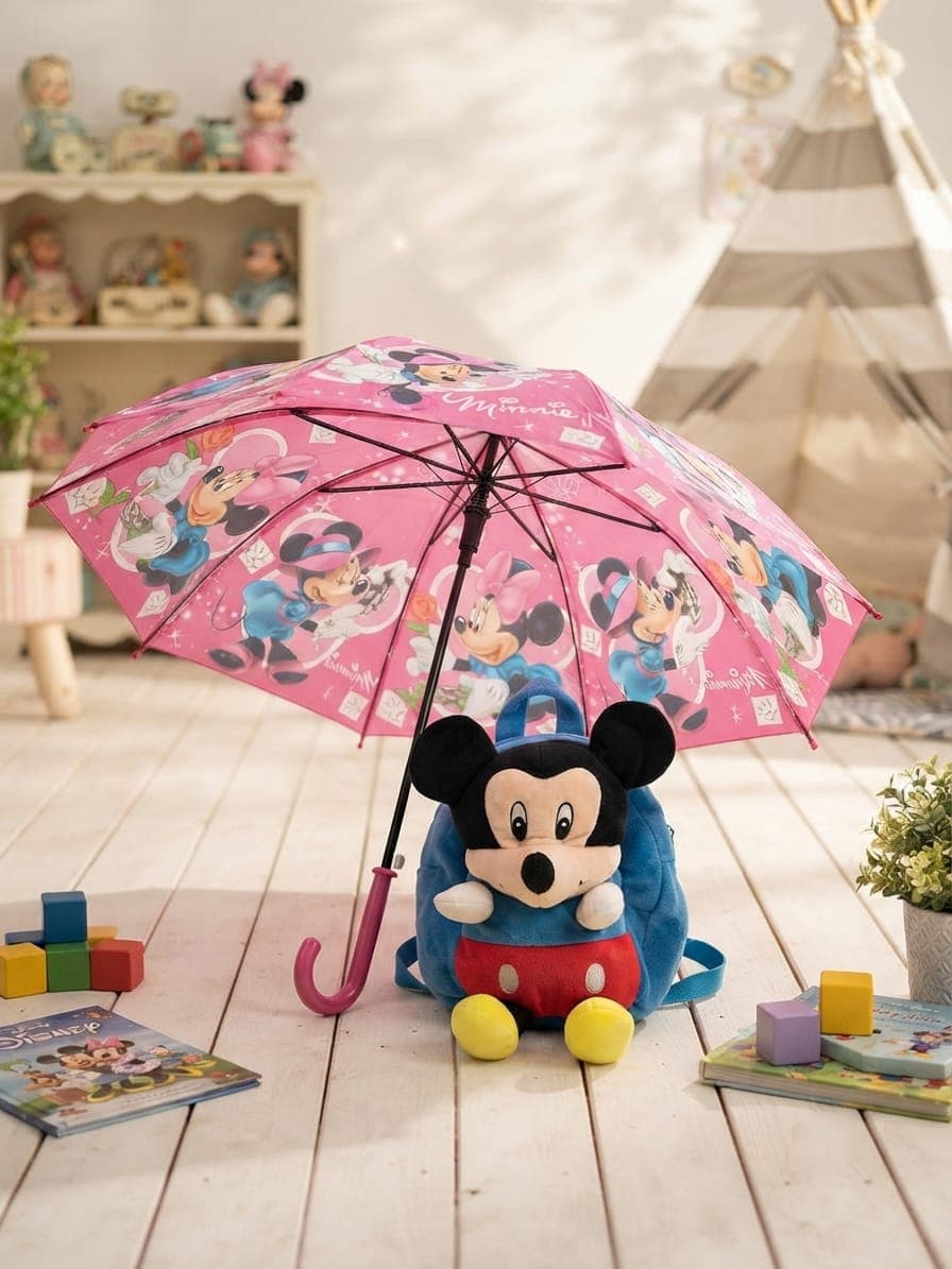 Kids Mickey & Minnie Theme Backpack & Printed Umbrella Combo (Pink & Blue)