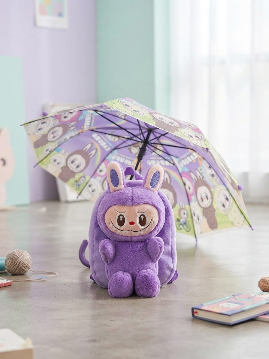 Kids Plush Cartoon Monster Backpack & Printed Umbrella Combo (Purple)