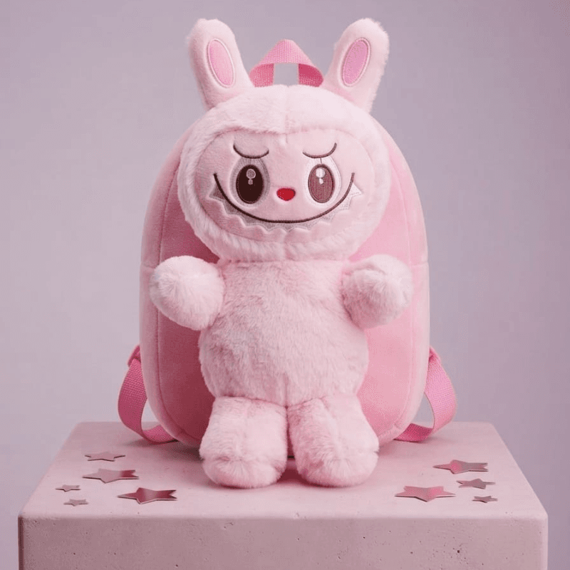 3D Cute Pink Labubu Plush Toy Backpack for Kids – Pink