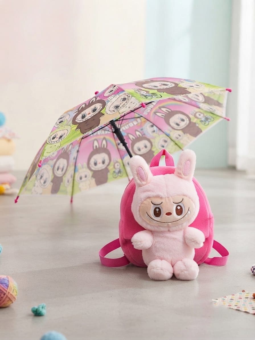 Kids Plush Cartoon Monster Backpack & Printed Umbrella Combo (Pink)