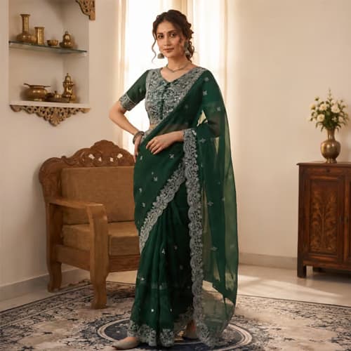 Exclusive Stone Cutwork Embroidery Party Wear Saree Designer